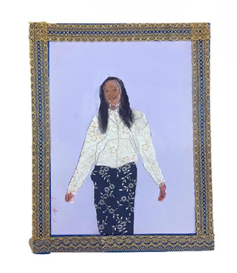 Self-portrait of a young girl with long dark hair wearing a floral shirt and pants.