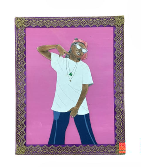 Self-portrait of a young girl wearing a white t-shirt, loose jeans, jewelry, sunglasses, and a hat.