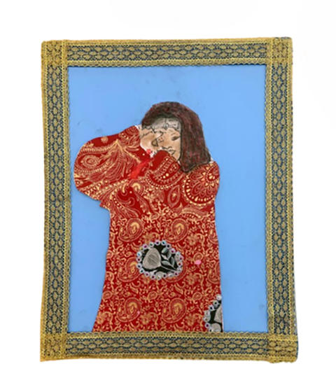 Self portrait of a young girl wearing a colorful long-sleeved dress, with some black floral patterns.
